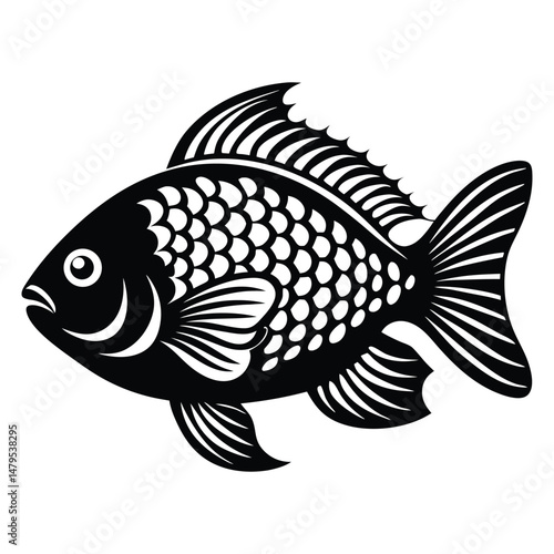 Tropical River Fish Designs in Black and White Coastal Characters Black Vector Fish Icons, Tilapia fish silhouette vector illustration