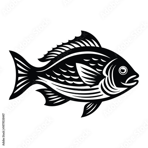 Tropical River Fish Designs in Black and White Coastal Characters Black Vector Fish Icons, Tilapia fish silhouette vector illustration