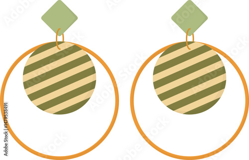 Female earrings with geometric shapes isolated on white background. Stylish accessories in green and orange shades
