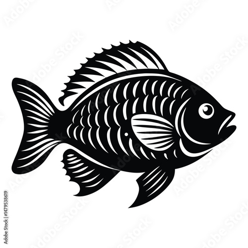 Tropical River Fish Designs in Black and White Coastal Characters Black Vector Fish Icons, Tilapia fish silhouette vector illustration