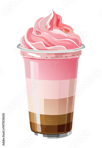 Cold Sweet Ice Pink Beverage in Plastic Cup - vector Illustration