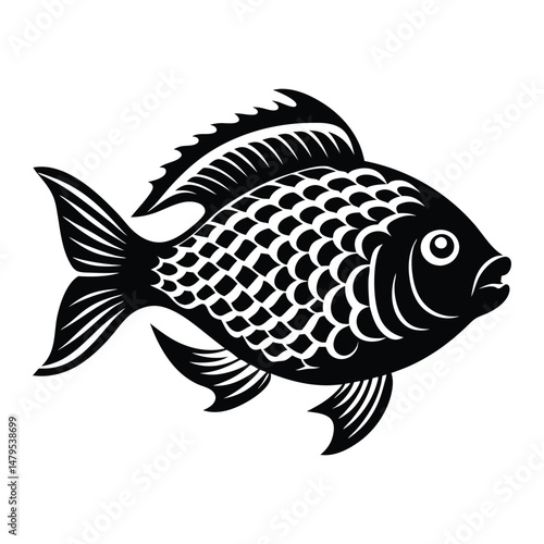 Tropical River Fish Designs in Black and White Coastal Characters Black Vector Fish Icons, Tilapia fish silhouette vector illustration