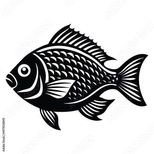 Tropical River Fish Designs in Black and White Coastal Characters Black Vector Fish Icons, Tilapia fish silhouette vector illustration