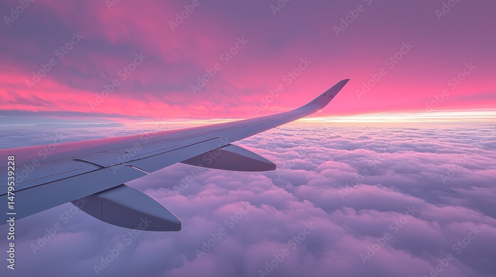 Fototapeta premium Aerial view of airplane wing over clouds at sunrise.