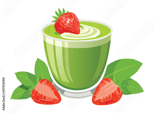 Green Tea Drink with Fresh Strawberry and Herbs - Vector Illustration
