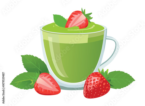 Green Matcha Smoothie with Mint and Strawberries - Vector Illustration