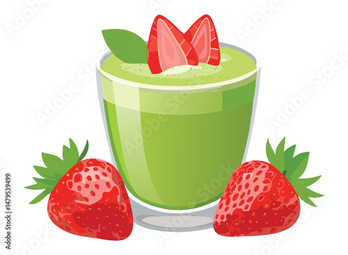 Healthy Green Tea Smoothie with Fresh Strawberry - Vector Illustration