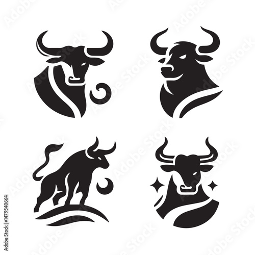 black Set of vector black silhouettes of bull icon isolated on a white background