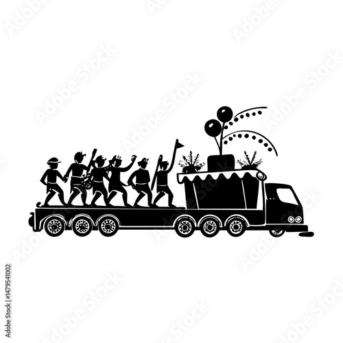 A festive parade on a flatbed truck with people and decorations
