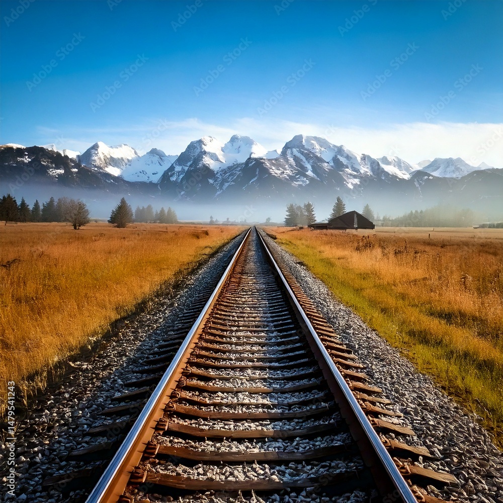 Fototapeta premium Vías de tren solitarias a través de un campo brumoso que conducen a montañas cubiertas de nieve