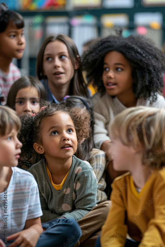 Children gathered around teacher at school for storytime, wide eyes, listening intently to first day’s tale Children gathered around teacher at school for storytime, wide eyes, listening intently to first day’s tale