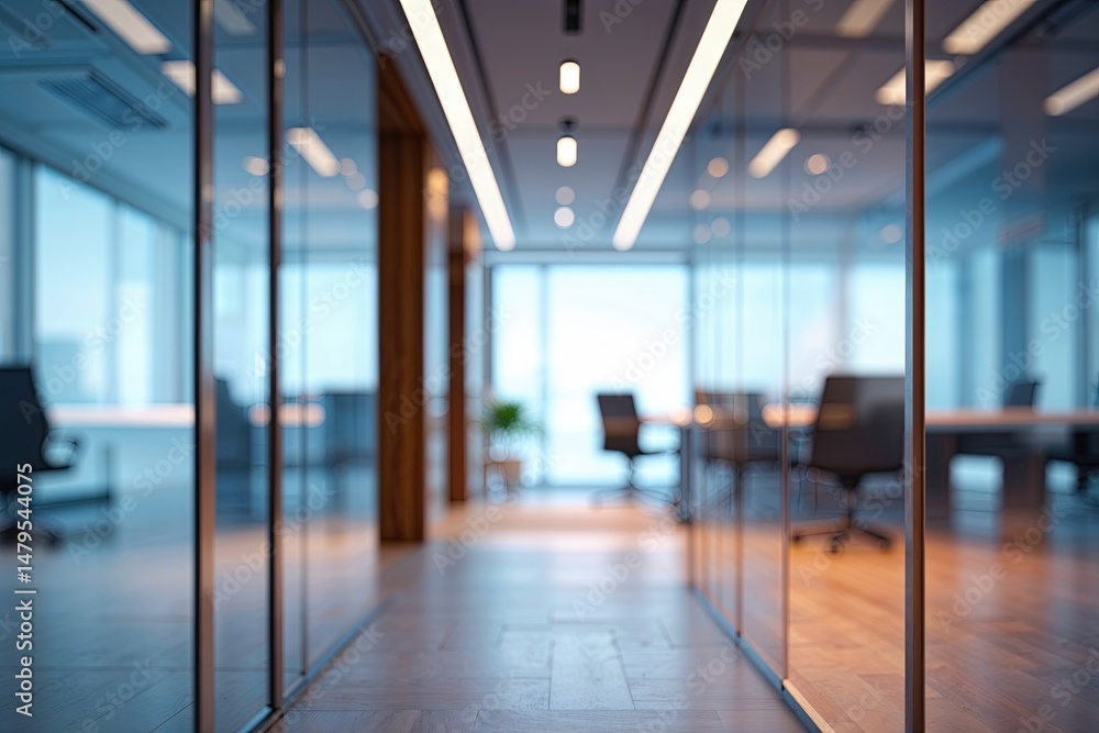 Obraz premium Translucent Blurred Workspace Hallway and Negotiation Suite for Modern Business Background