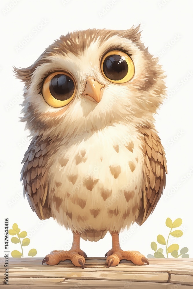 Fototapeta premium Adorable baby owl with large eyes, perched on a branch. Soft, cute illustration