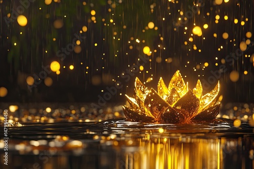 Golden lotus flower in a tranquil pond, illuminated by glittering rain