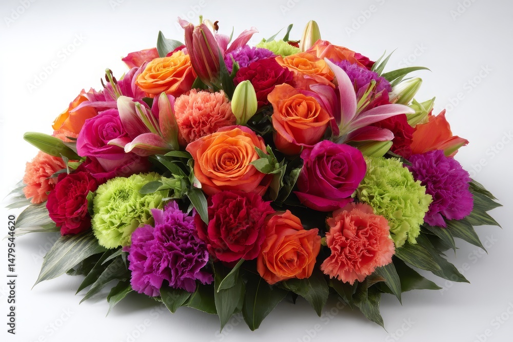 Vibrant floral arrangement on a round base. Vibrant floral arrangement on a round base.