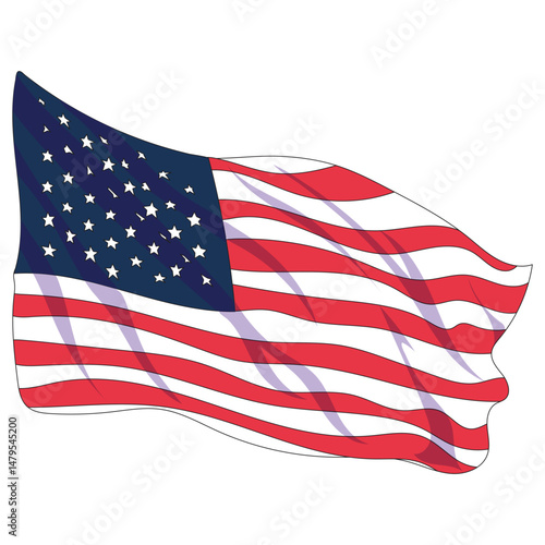 Patriotic illustration of the American flag waving on a tall pole under clear sky. Suitable for national events, Independence Day, patriotic designs, and U.S. government themes