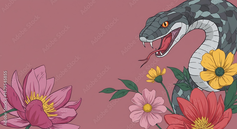 Obraz premium Serpent and Flowers: Elegant Floral Illustration