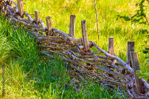 brushwood weaving on green grass in a Ukrainian village