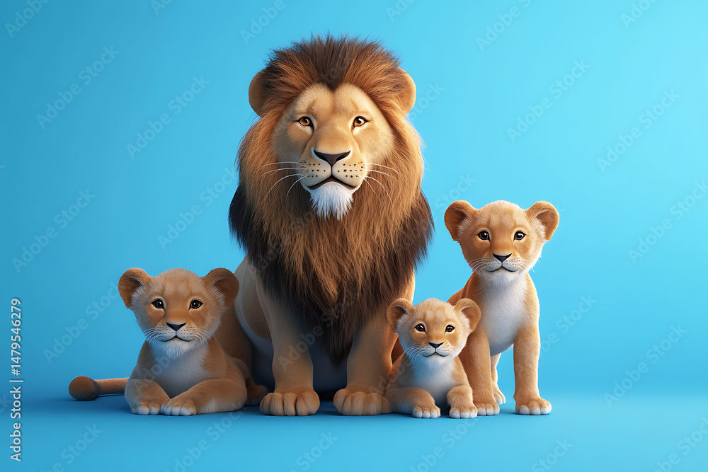 A majestic lion and three playful cubs sitting together against a vibrant blue background A majestic lion and three playful cubs sitting together against a vibrant blue background