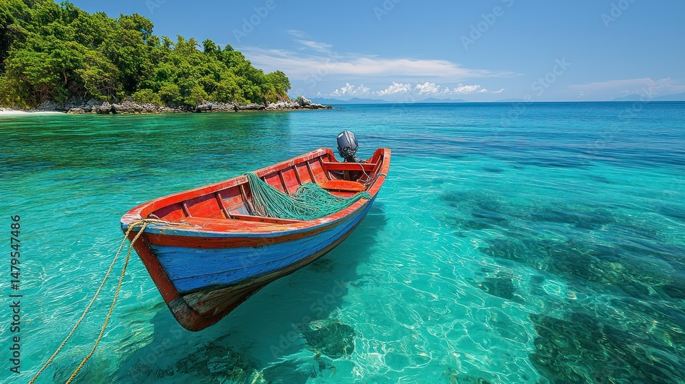 Naklejka premium Tranquil tropical beach scene with a small wooden boat floating in crystal clear turquoise waters near lush green coastline under bright blue sky with few clouds