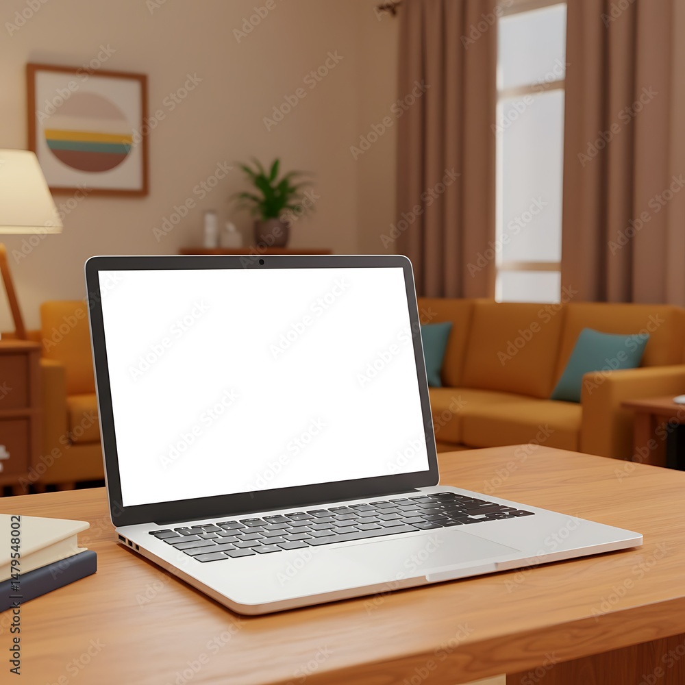 Fototapeta premium Laptop Computer on Wooden Desk in Living Room