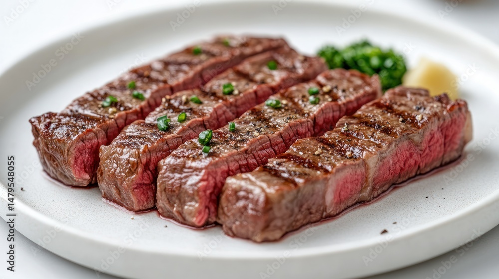 Juicy perfectly grilled steak slices with seared grill marks on white ceramic plate garnished with chopped herbs and a side of butter, close-up shot Juicy perfectly grilled steak slices with seared grill marks on white ceramic plate garnished with chopped herbs and a side of butter, close-up shot