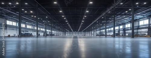 Empty warehouse interior, vast space, bright lighting