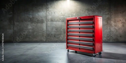 A vibrant red rolling tool chest stands in a modern industrial setting against a textured concrete wall, ready for organization and efficiency