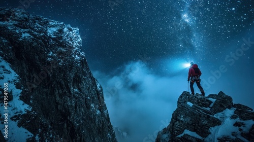 Mountain climber standing on rocky peak under starry night sky illuminated by Milky Way galaxy for adventure outdoor exploration and high altitude hiking