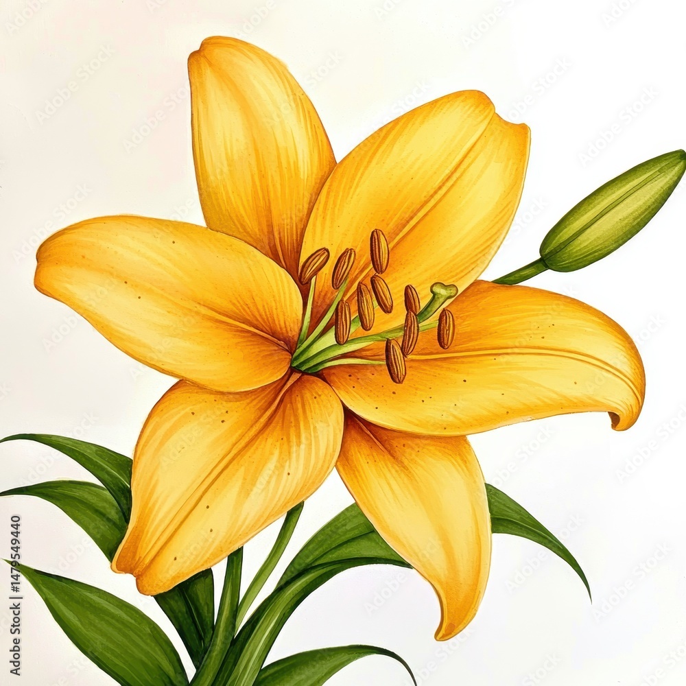 Obraz premium Detailed Yellow Lily Painting with Green Leaves and Bud