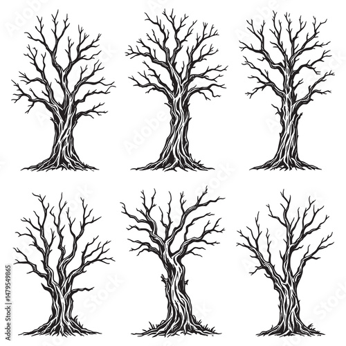 Creepy twisted old dead spooky tree illustration for design