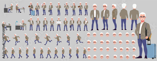 Man Character design. Front, side, back view and explainer animation poses. Character set with lip sync and facial expressions of Happy, angry, sad, Joy with Side walk cycle animation sequence sprite 
