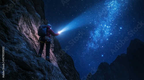 A determined explorer wea a backpack and outdoor clothing in a canyon at night using a flashlight to illuminate the rugged rocky walls under a starry sky with Milky Way galaxy