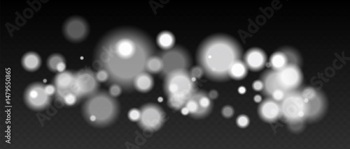 White bokeh. Cool light dots with glow and soft edges, floating blur effect on transparent surface for winter, night or calm futuristic visuals.