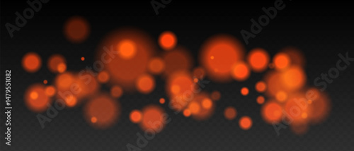 Orange bokeh. Cool light dots with glow and soft edges, floating blur effect on transparent surface for winter, night or calm futuristic visuals.
