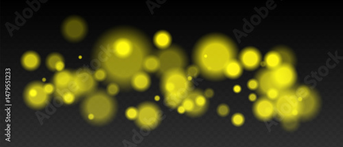 Yellow bokeh. Cool light dots with glow and soft edges, floating blur effect on transparent surface for winter, night or calm futuristic visuals.