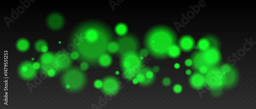 Green bokeh. Cool light dots with glow and soft edges, floating blur effect on transparent surface for winter, night or calm futuristic visuals.