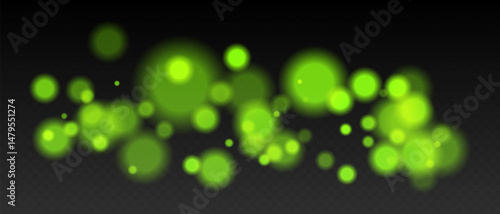 Green bokeh. Cool light dots with glow and soft edges, floating blur effect on transparent surface for winter, night or calm futuristic visuals.