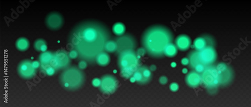 Green bokeh. Cool light dots with glow and soft edges, floating blur effect on transparent surface for winter, night or calm futuristic visuals.