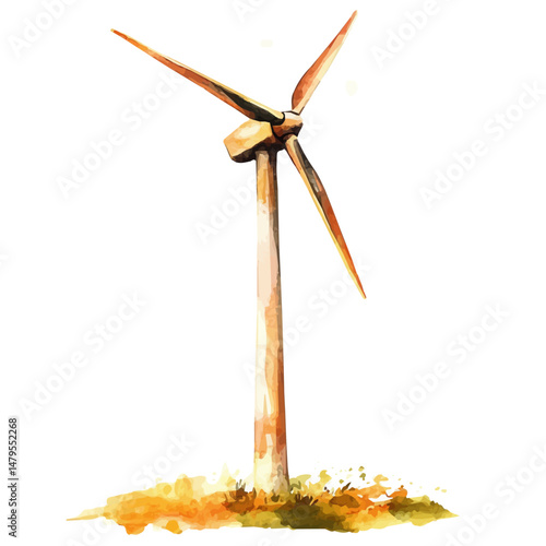 Wind Turbine, watercolor illustration, isolated on a white background.