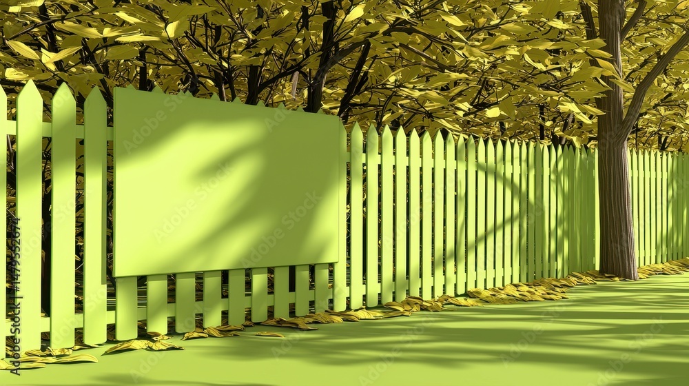 Obraz premium Light Green Picket Fence and Yellow Trees in Autumn Sunlight