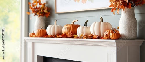 Elegant autumn decorated fireplace mantel with white and orange pumpkins and fall leaves for cozy seasonal celebration