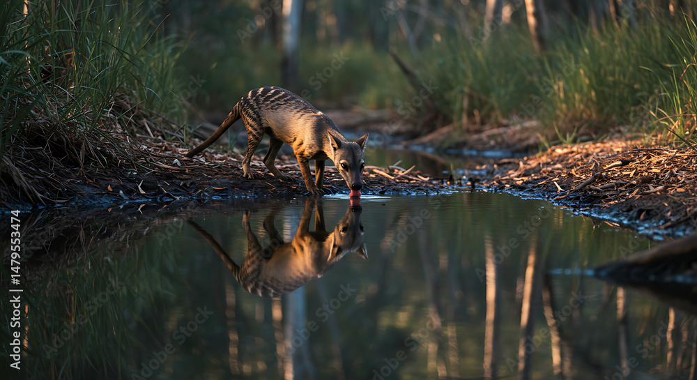 Fototapeta premium Tasmanian tiger at dawn drinks peacefully reflecting beauty serene nature