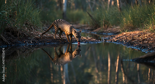 Tasmanian tiger at dawn drinks peacefully reflecting beauty serene nature
