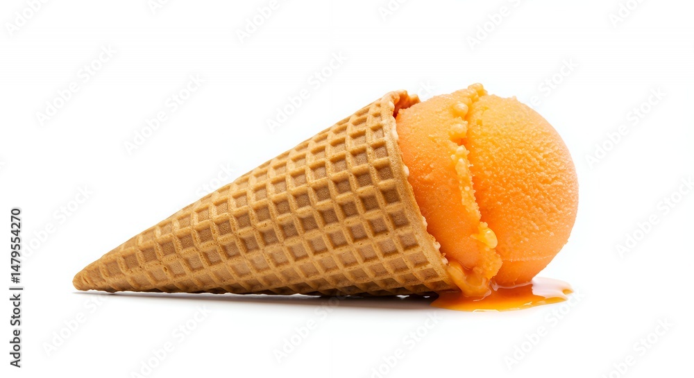 Single Tilted Waffle Cone Filled with Vibrant Orange Sherbet Isolated on Clean White Background Perfect for Dessert Promotions and Summer Clip Art Single Tilted Waffle Cone Filled with Vibrant Orange Sherbet Isolated on Clean White Background Perfect for Dessert Promotions and Summer Clip Art
