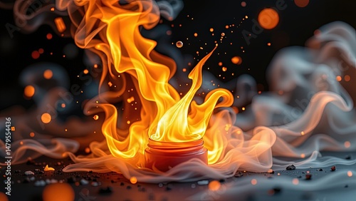 vivid dynamic scene of flames engulfing small red container. flames bright orange yellow creating striking contrast against dark background. Wisps of smoke rise gracefully around container...