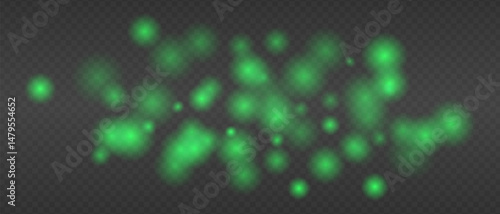 Green glowing blur clusters with soft edges and bokeh effect. Abstract light particles on transparent background for digital fire or heat simulation.