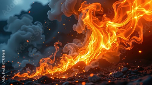dynamic vivid scene of fiery flames cascading rocky terrain creating display of vibrant orange yellow hues. flames appear to motion wisps of smoke curling around them enhancing sense of...