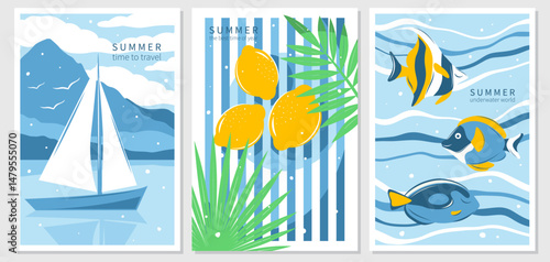 Summer bright posters. Landscape with yacht and mountains, Tropical leaves and lemons, Underwater world with fish, sea, ocean. Tourism concept, travel, wild nature, vacation. Vector illustration