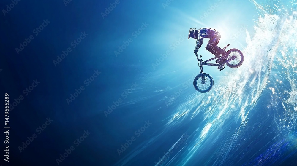 Fototapeta premium BMX Rider Performing Aerial Trick in a Dynamic Blue Abstract Background